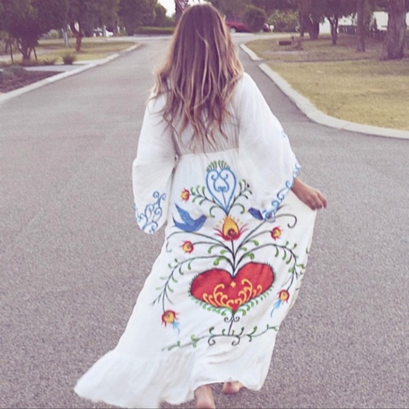 Boho Embroidered Hearts Magic Kimono Long Maxi Gown In White 5 Star ⭐️ Favorite - Picture 2 of 15